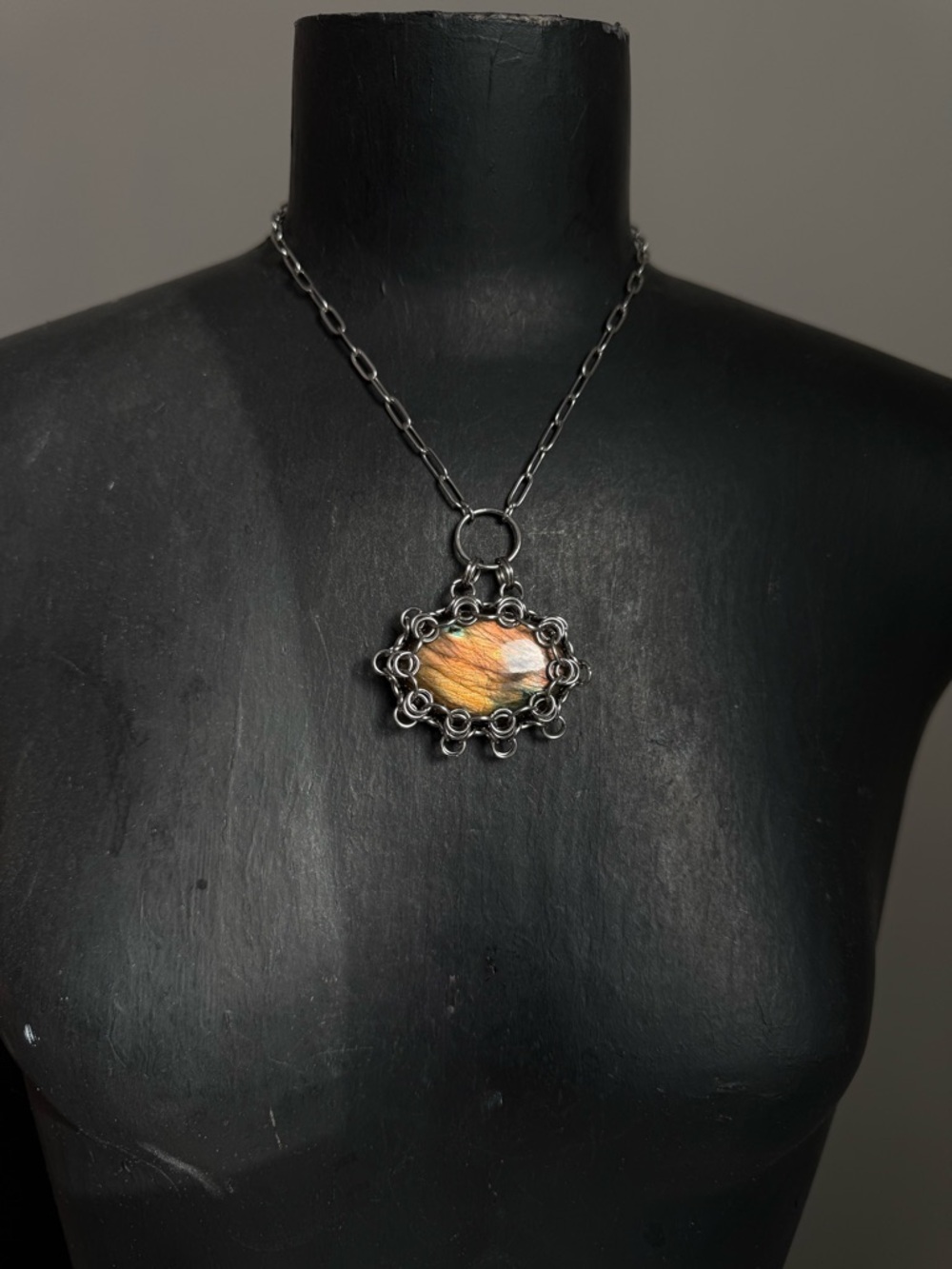 Labradorite Pendant Necklace chainmaille necklace setting goth jewelry witchy